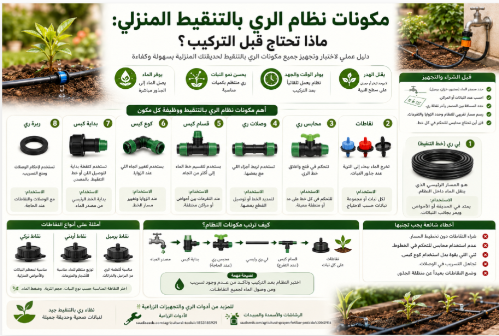 مكونات الري بالتنقيط المنزلي قبل التركيب