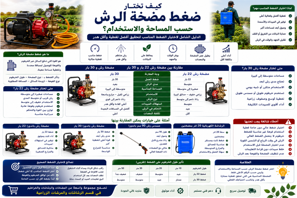 كيف تختار ضغط مضخة الرش حسب المساحة والاستخدام؟