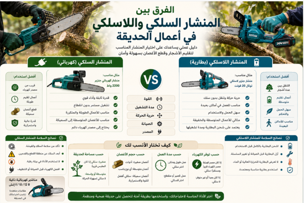الفرق بين المنشار السلكي واللاسلكي في أعمال الحديقة