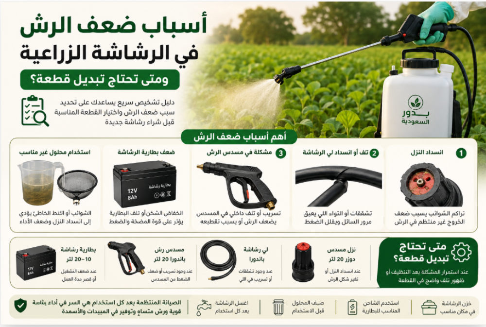 أسباب ضعف الرش في الرشاشة الزراعية ومتى تبدل قطعة؟