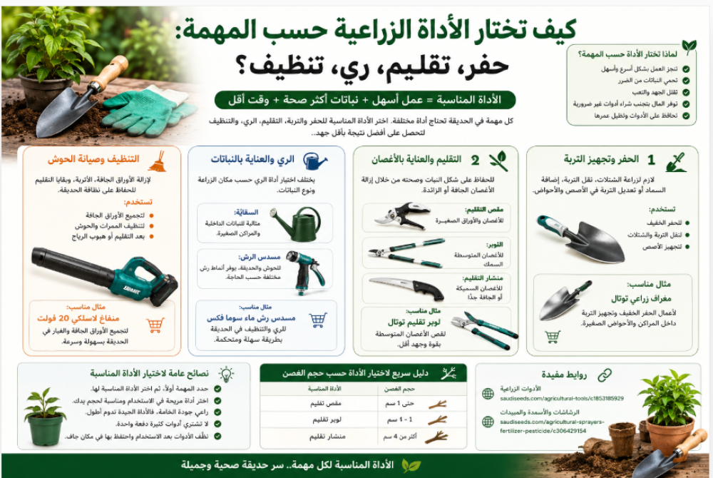 اختيار الأدوات الزراعية حسب المهمة في الحديقة حفر، تقليم، ري، تنظيف؟