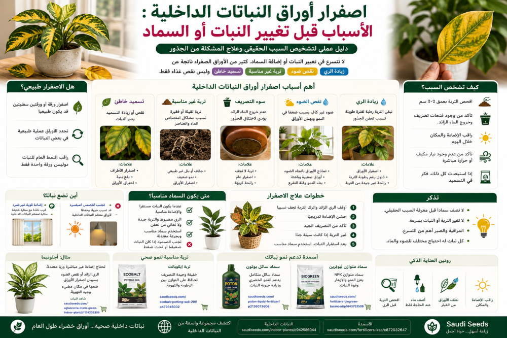 اصفرار أوراق النباتات الداخلية: الأسباب قبل تغيير النبات أو السماد