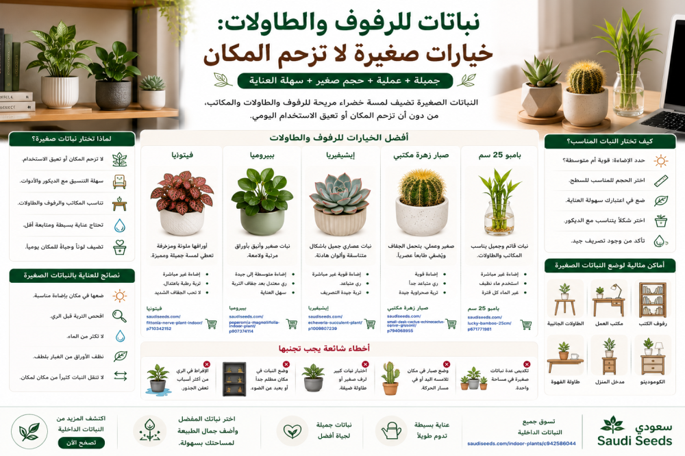 نباتات للرفوف والطاولات: خيارات صغيرة لا تزحم المكان