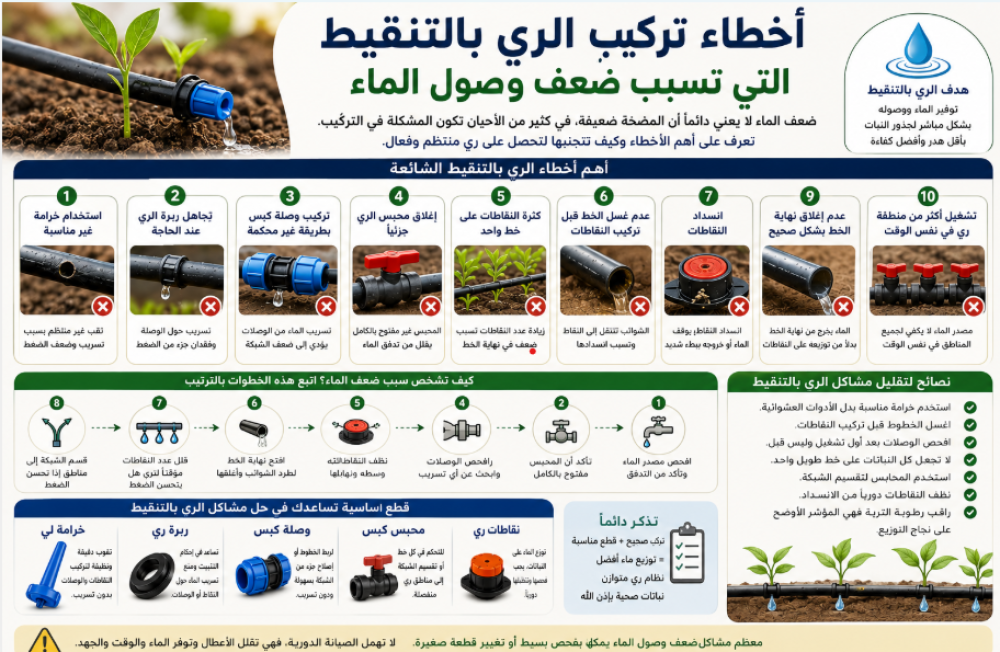 أخطاء تركيب الري بالتنقيط التي تسبب ضعف وصول الماء