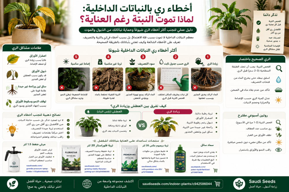 أخطاء ري النباتات الداخلية: لماذا تموت النبتة رغم العناية؟