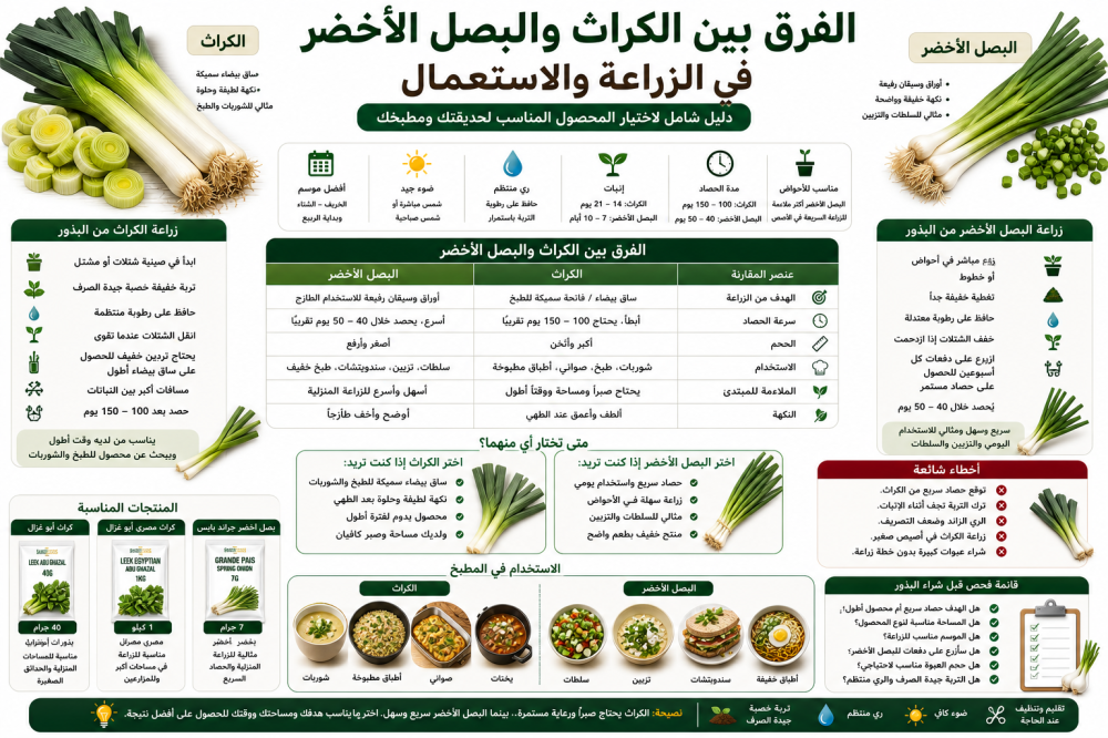الفرق بين الكراث والبصل الأخضر في الزراعة والاستعمال