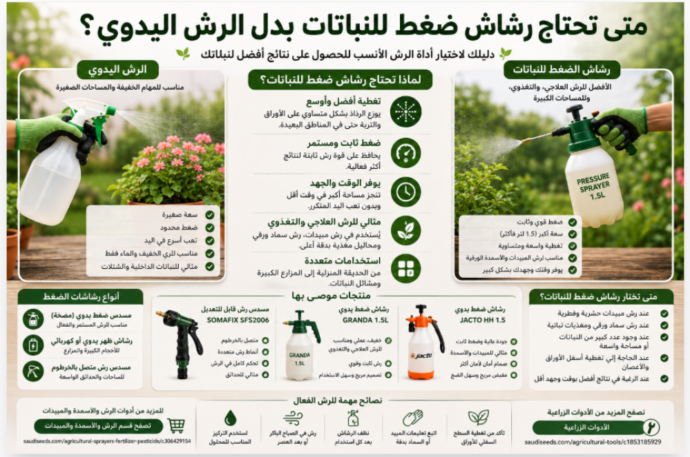 دليل عملي يوضح متى يكون رشاش الضغط أفضل من الرش اليدوي للنباتات، وكيف