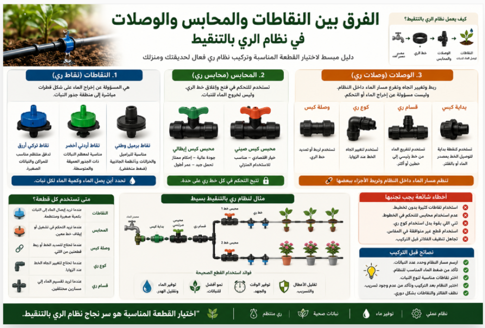 الفرق بين وصلات الري والنقاطات والمحابس