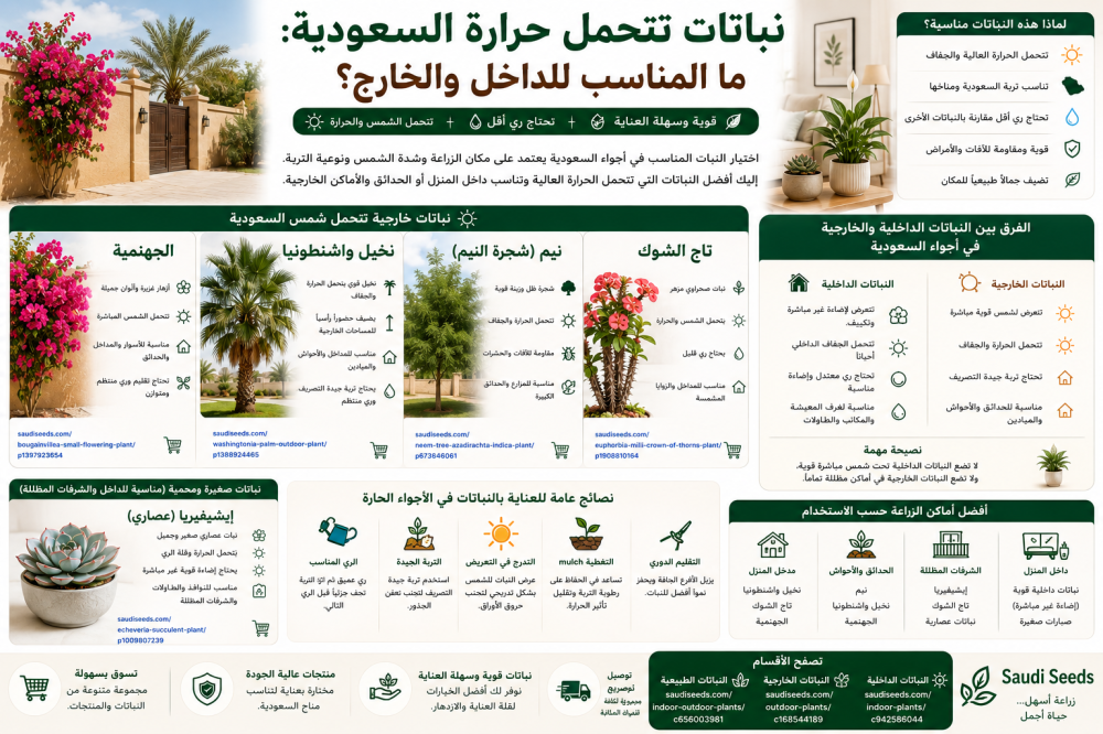 نباتات تتحمل حرارة السعودية: ما المناسب للداخل والخارج؟
