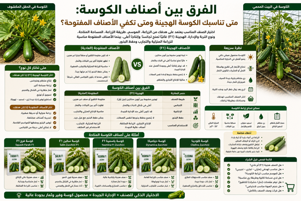 الفرق بين أصناف الكوسة: الهجينة والعادية ومتى تختار كل نوع؟