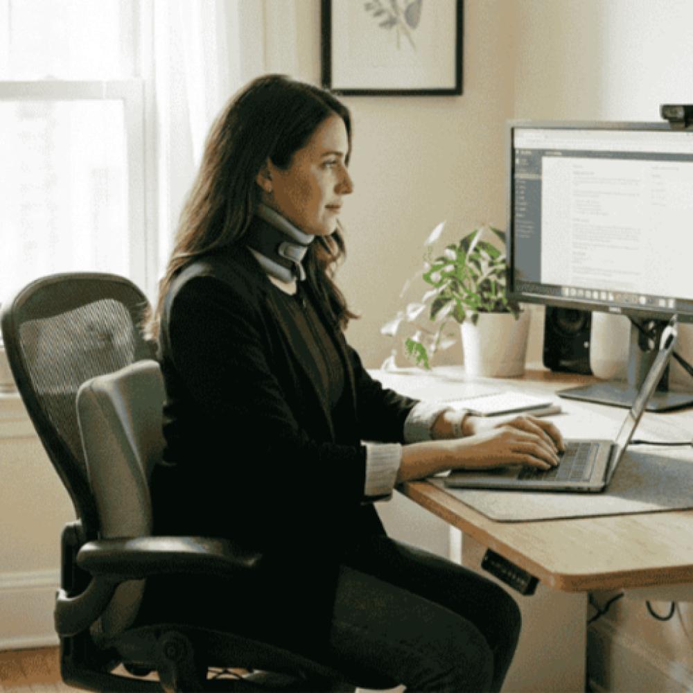 امرأة تستخدم دعامة الرقبة الطبية ووسادة دعم الظهر أثناء العمل المكتبي