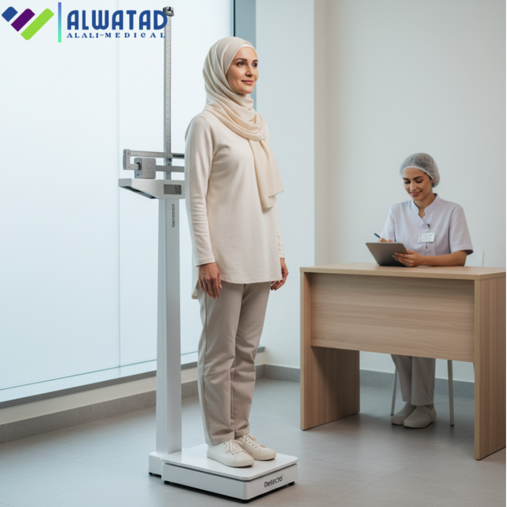 امرأة تستخدم ميزان طبي-ميزان عمود لقياس الطول والوزن