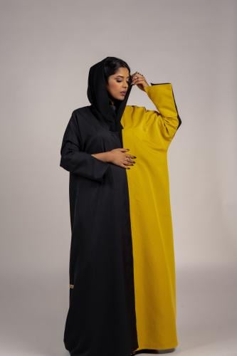 عباية كتان أصفر مع كتان أسود
