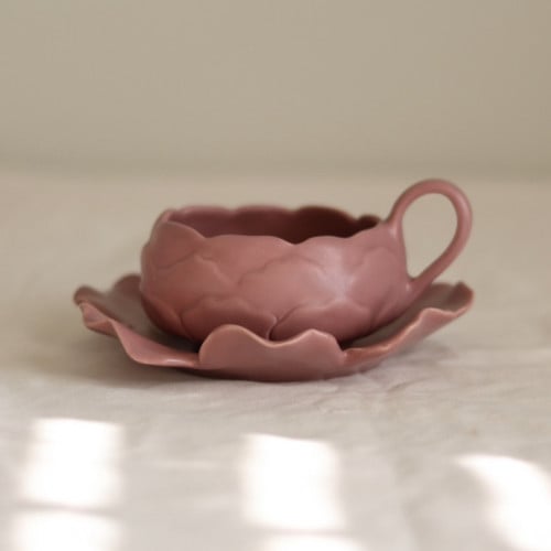 Burgundy rose cup with saucer