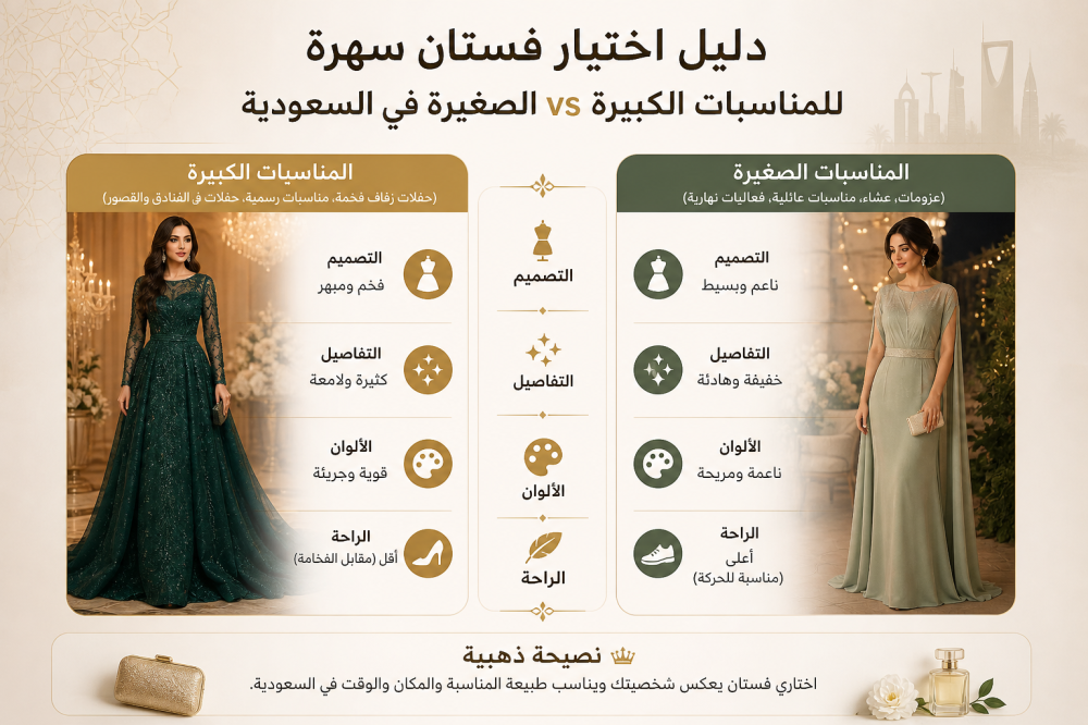 دليل اختيار فستان سهرة للمناسبات الكبيرة vs الصغيرة