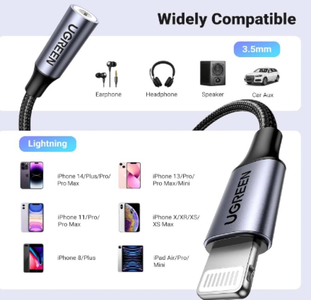 وصلة UGREEN لمحول سماعات الرأس لآيفون من لايتنينج إلى 3.5 ملم، معتمد من Apple MFi،