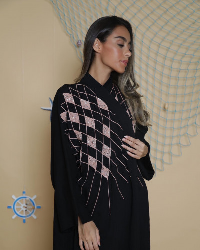 Black with peach fish net embroidery