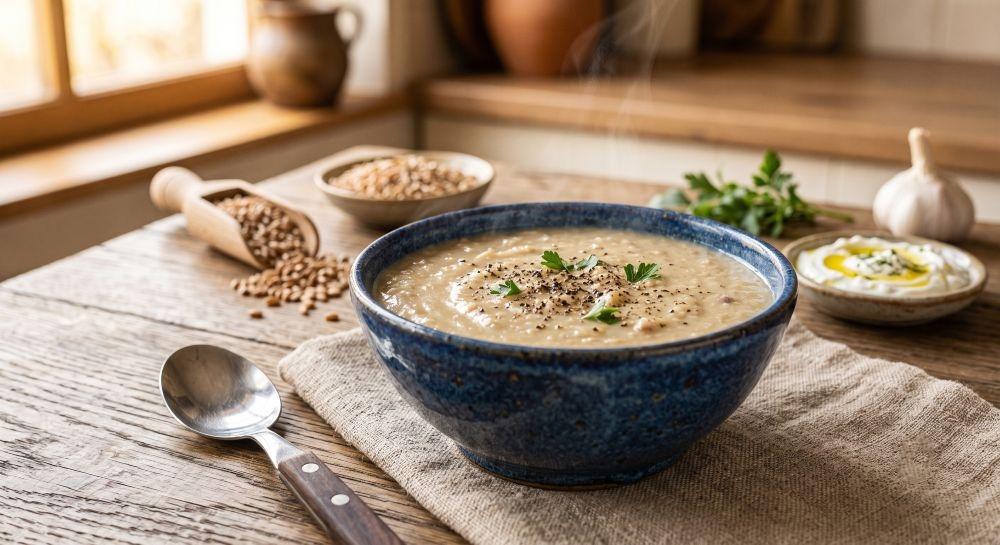 وعاء من شوربة الهريس مع الدجاج اللذيذة مزينة بالفلفل الأسود