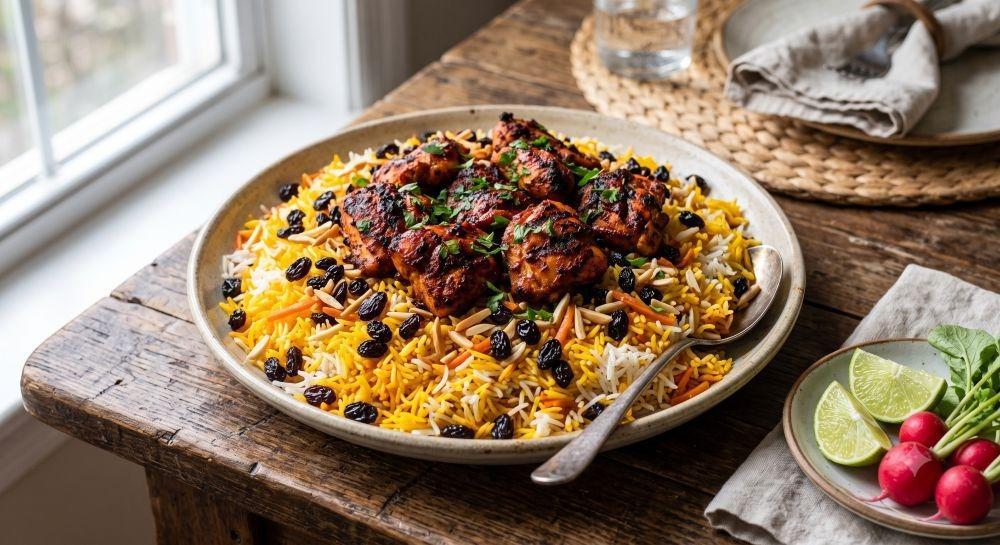 طريقة عمل الأرز بالزبيب والدجاج: وصفة غنية بنكهات الزعفران والبهارات