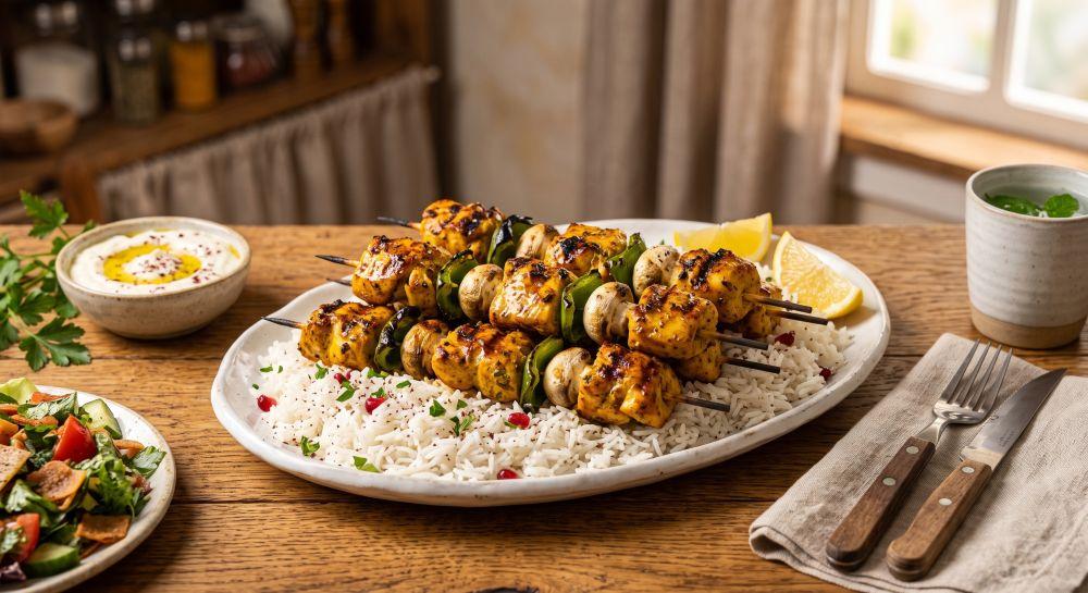 طريقة عمل شيش طاووق مع الأرز الأبيض بتتبيلة المطاعم