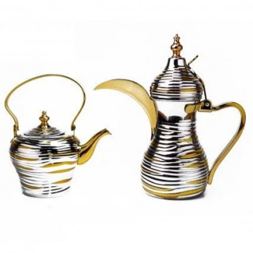 طقم دلة مع براد بلونين ذهبي و فضي