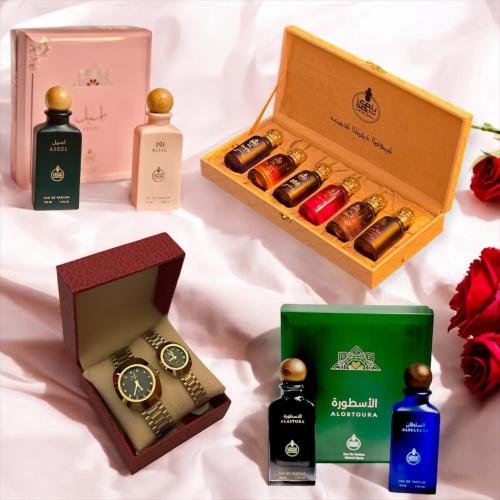 عشرة عطور وساعتين شبيهه الرادو اسود