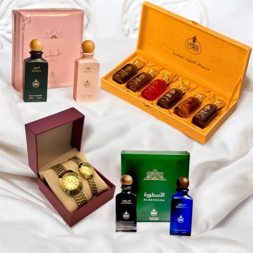 عشرة عطور وساعتين شبيهه الرادو ذهبيه