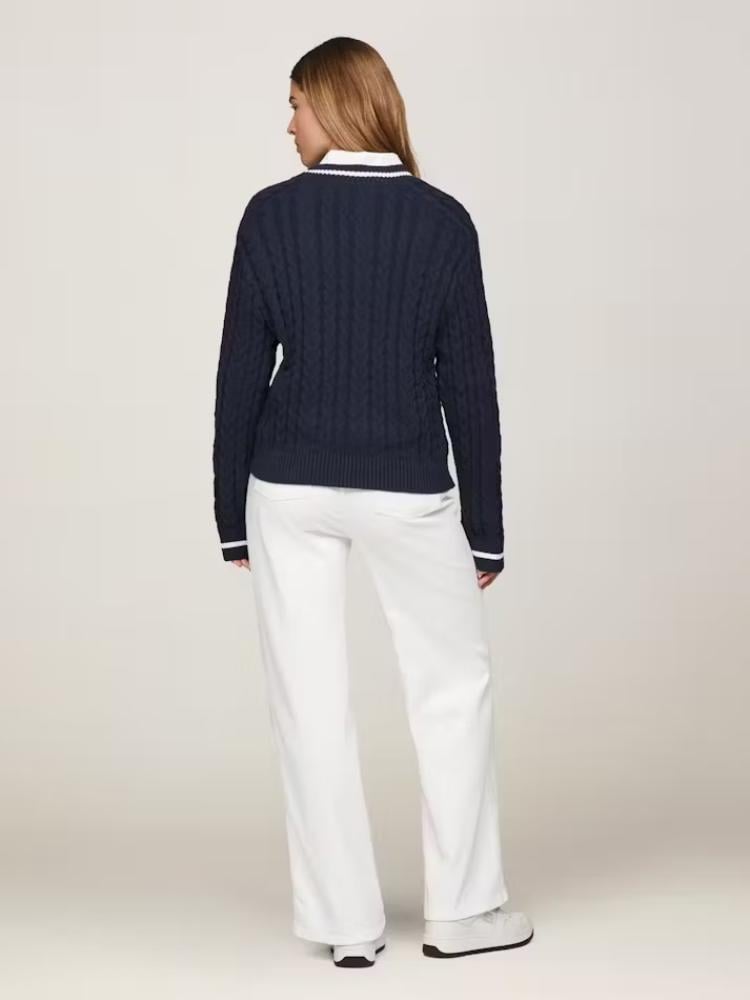 Tommy Hilfiger Classic Cable Knit V‑Neck Sweater, Navy EUPHORIA