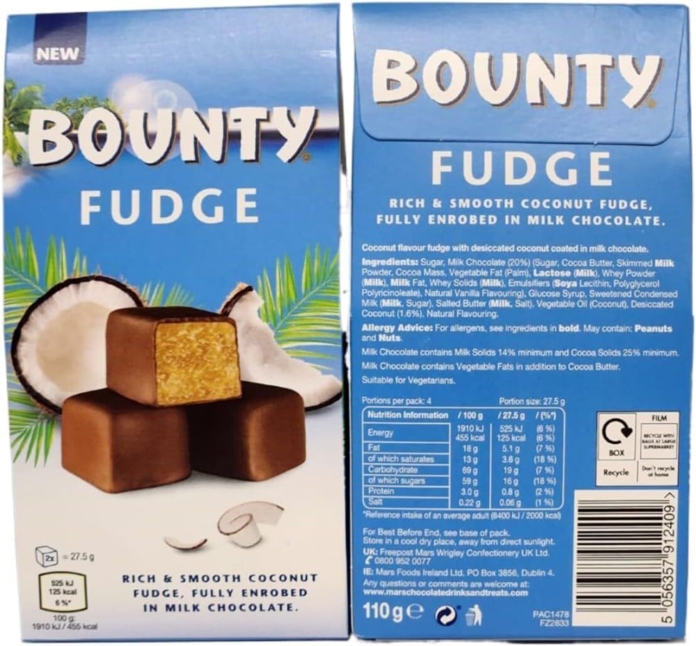 باونتي (Bounty) فودج  حلوى جوز الهند المجفف مغطى بشوكولاتة الحليب الغنية والسلسة 110 جم