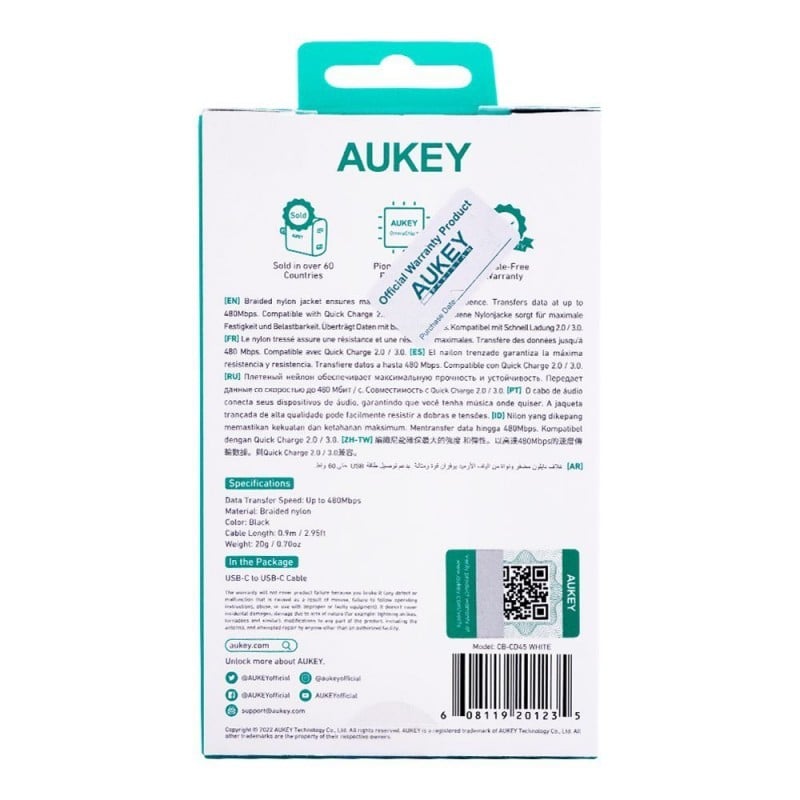 سلك شاحن USB-C TO USB-C من شركة AUKEY
