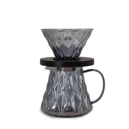 طقم تقطير مع حامل خشبي V60 زجاجي 02 اسود مموج