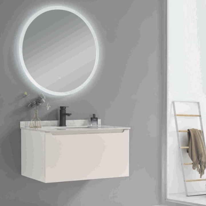 مغسلة دولاب PVC حوض رخام صناعي 80 سم مع مرآة بإضاءة ليد 2001080