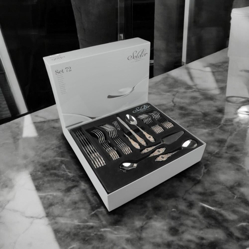 شنطة ملاعق وشوك من سولتير طقم 72 حبة، لون فضي بنقوش ذهبي