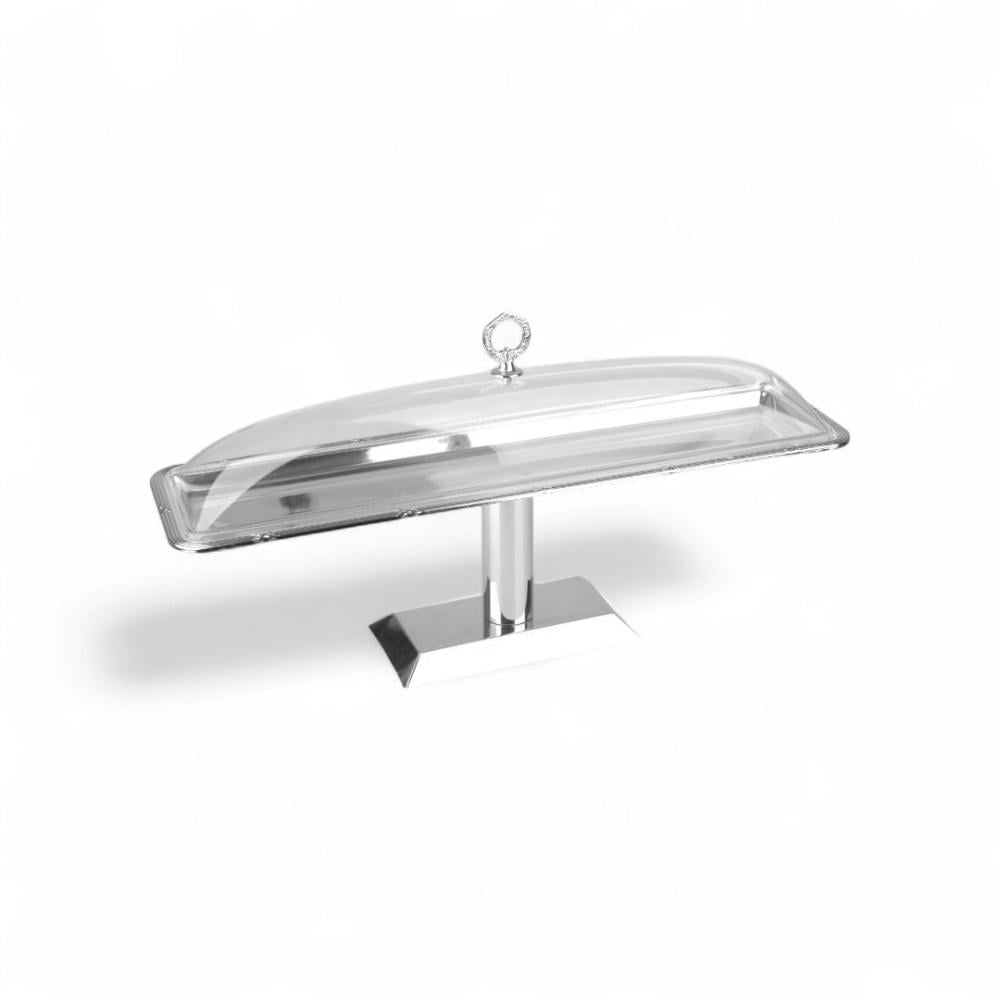 صحن كيك فوبي مع قاعدة بغطاء أكريليك من سوليتير، اللون فضي، الحجم كبير، الشكل مستطيل