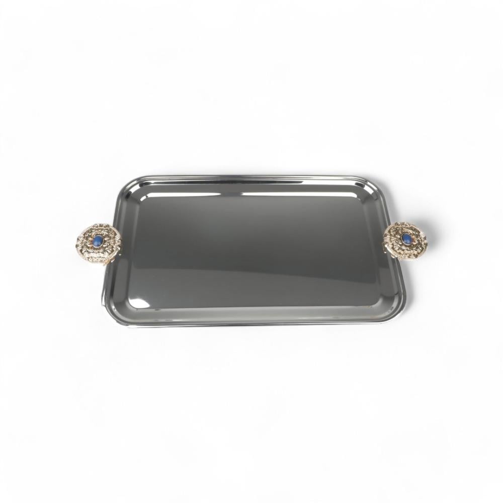 صينية تقديم كوين من سولتير، اللون فضي & ذهبي أزرق, الطول 65سم, العرض 32.5سم