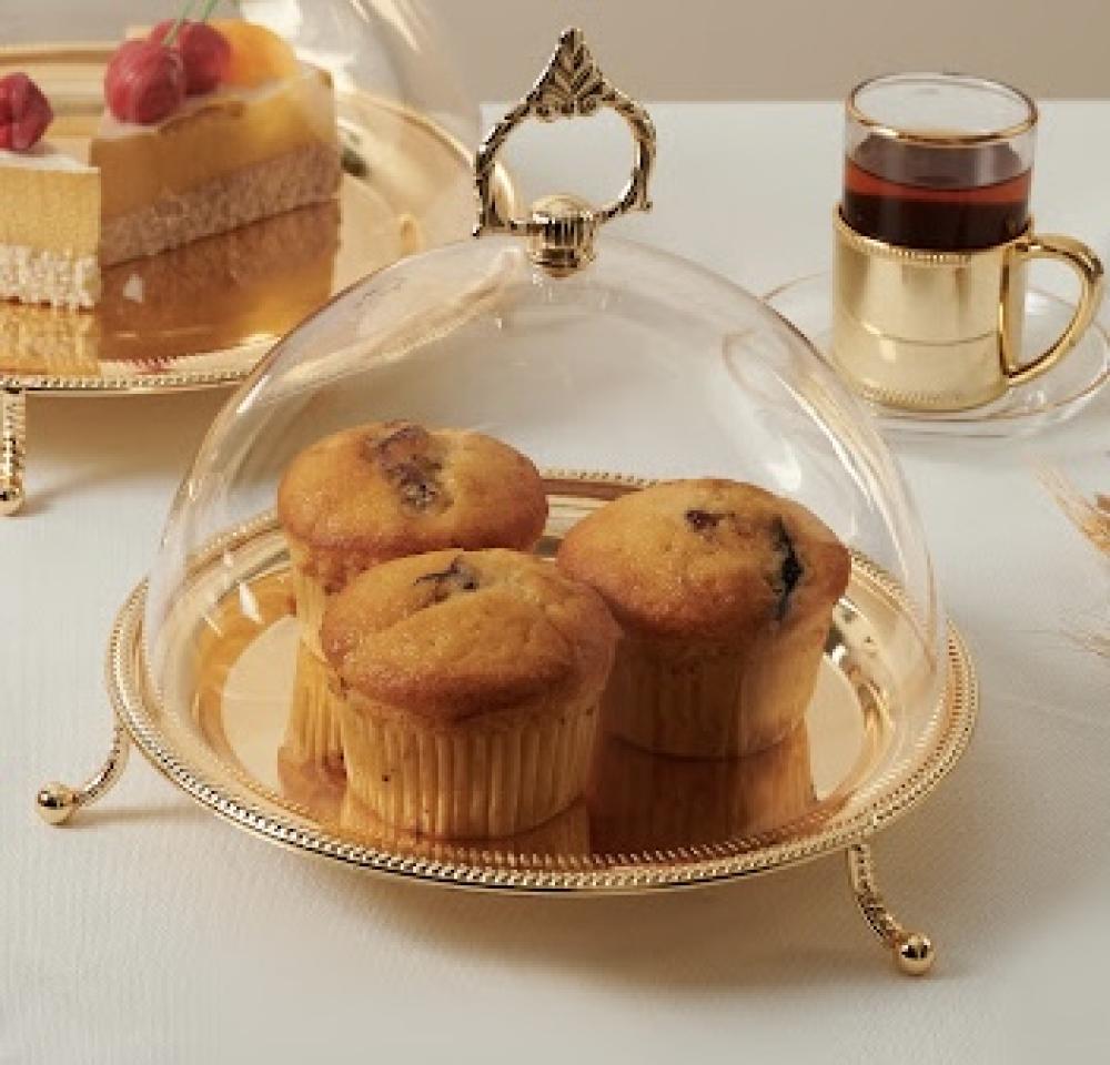 صحن تراث بغطاء لتقديم الكيك أكريليك من سوليتير، لون ذهبي، حجم صغير