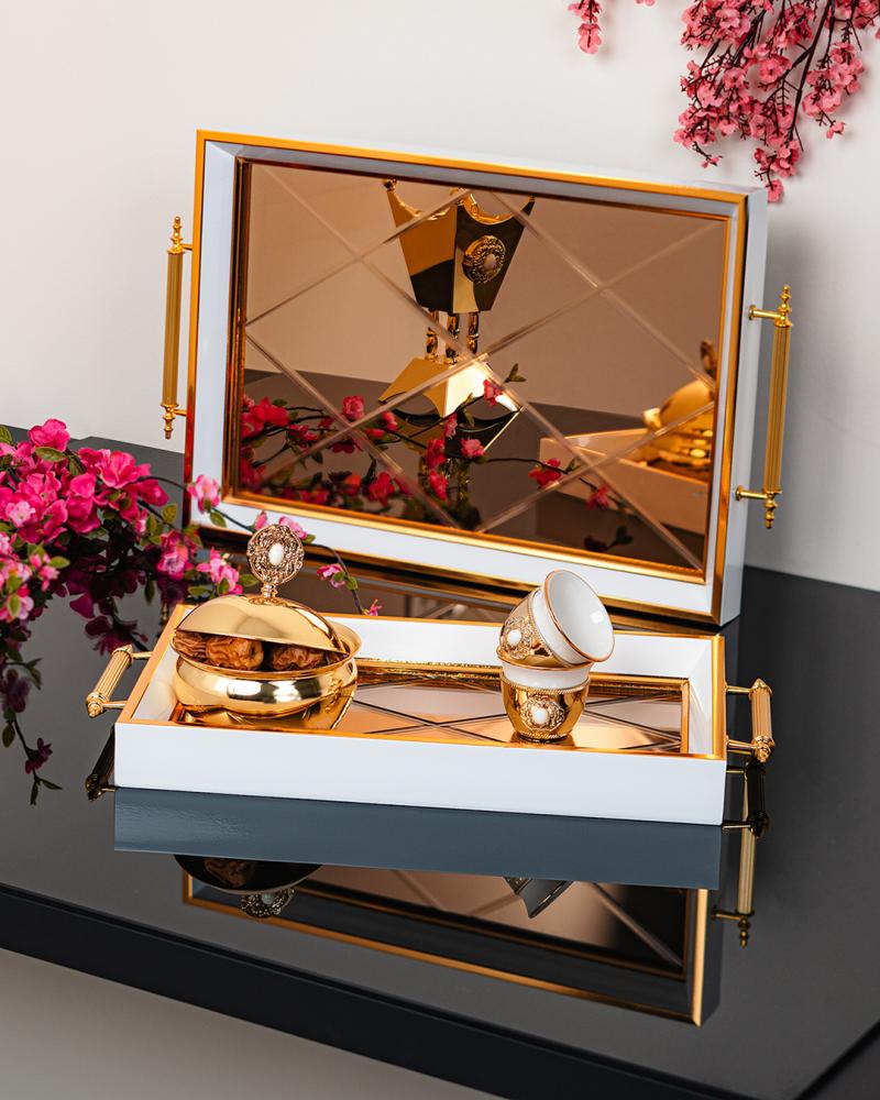 صينية خشبية بقاعدة عاكسة، أبيض ذهبي حجم كبير, الأبعاد 44x31 سم