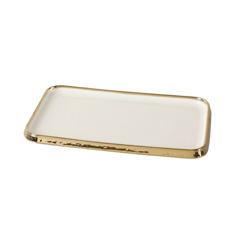 صحن البورسلان مستطيل الشكل لؤلؤي أطراف ذهبية حجم كبير