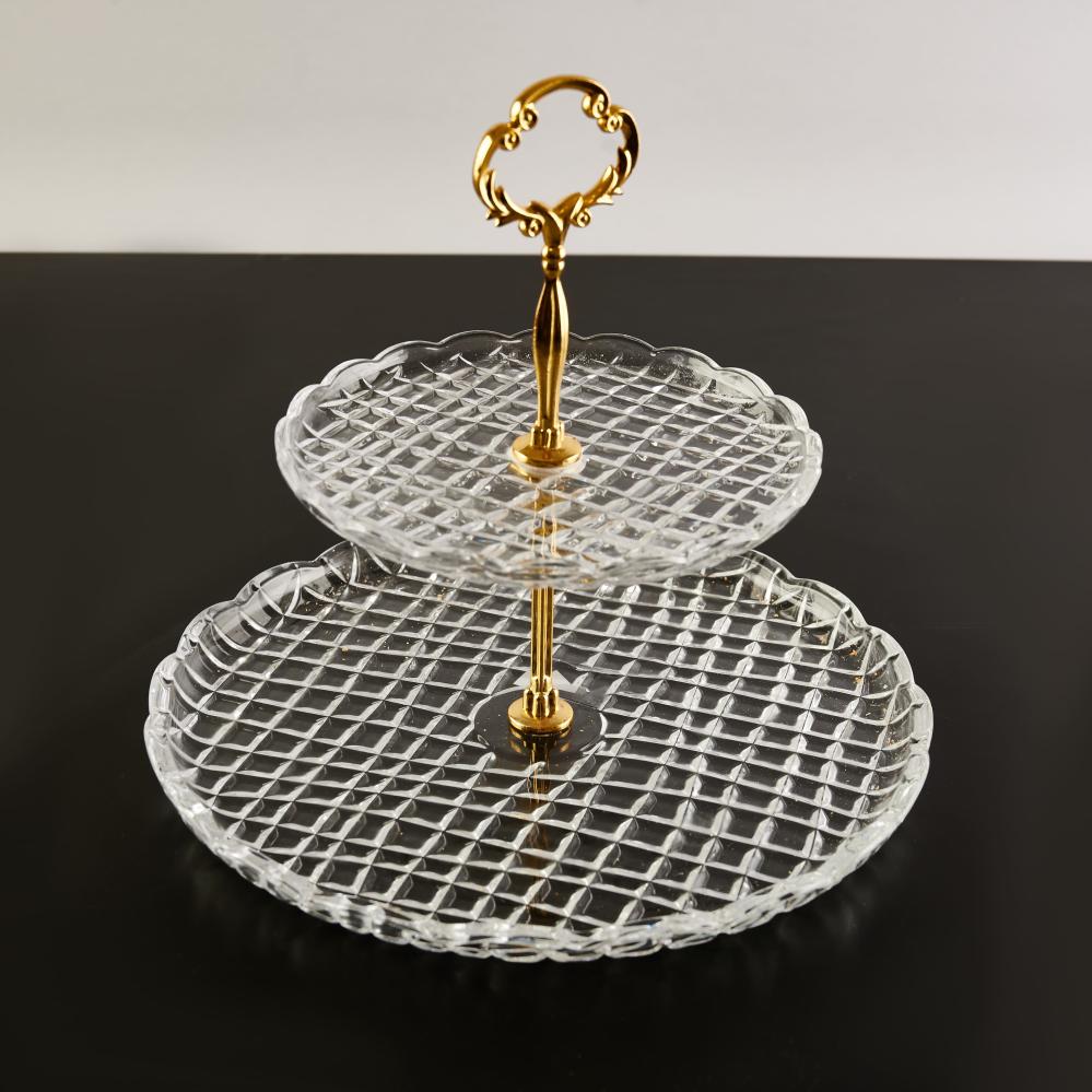 شيال حلوى فاخر من كريستال، لون ذهبي شفاف, إرتفاع 23 سم, قطر الدور الثاني 27 سم, قطر الدور الأول 17 سم
