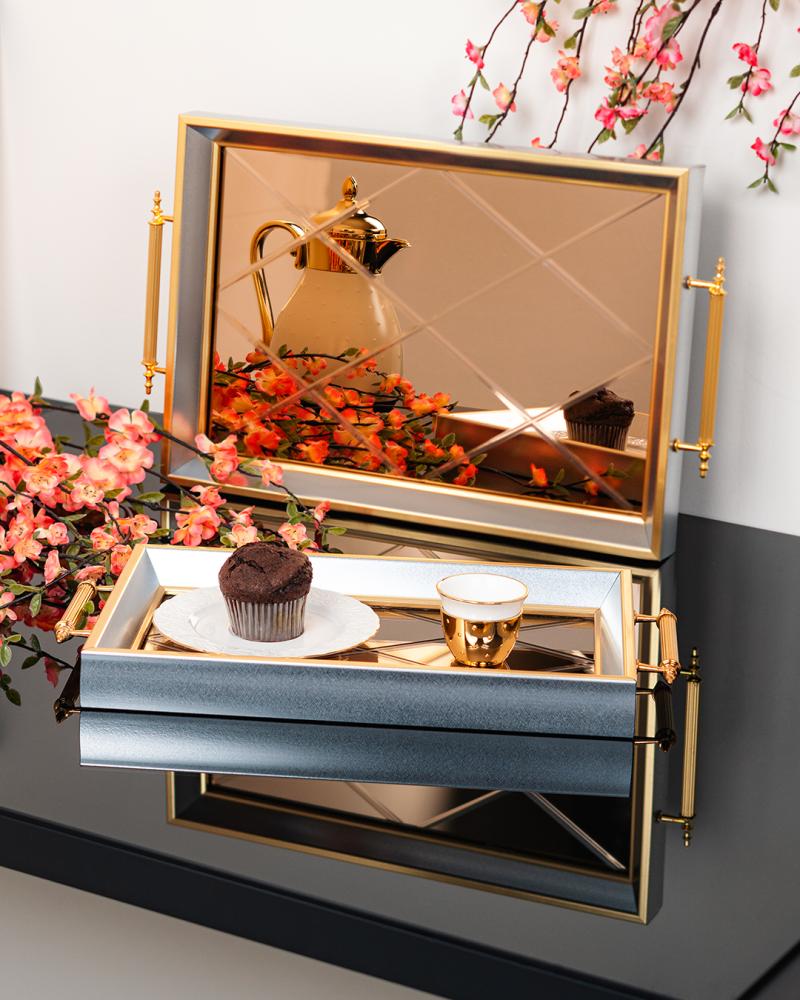 صينية المرآة الخشبية الفاخرة حجم صغير فضي ذهبي, الأبعاد 36x23 سم