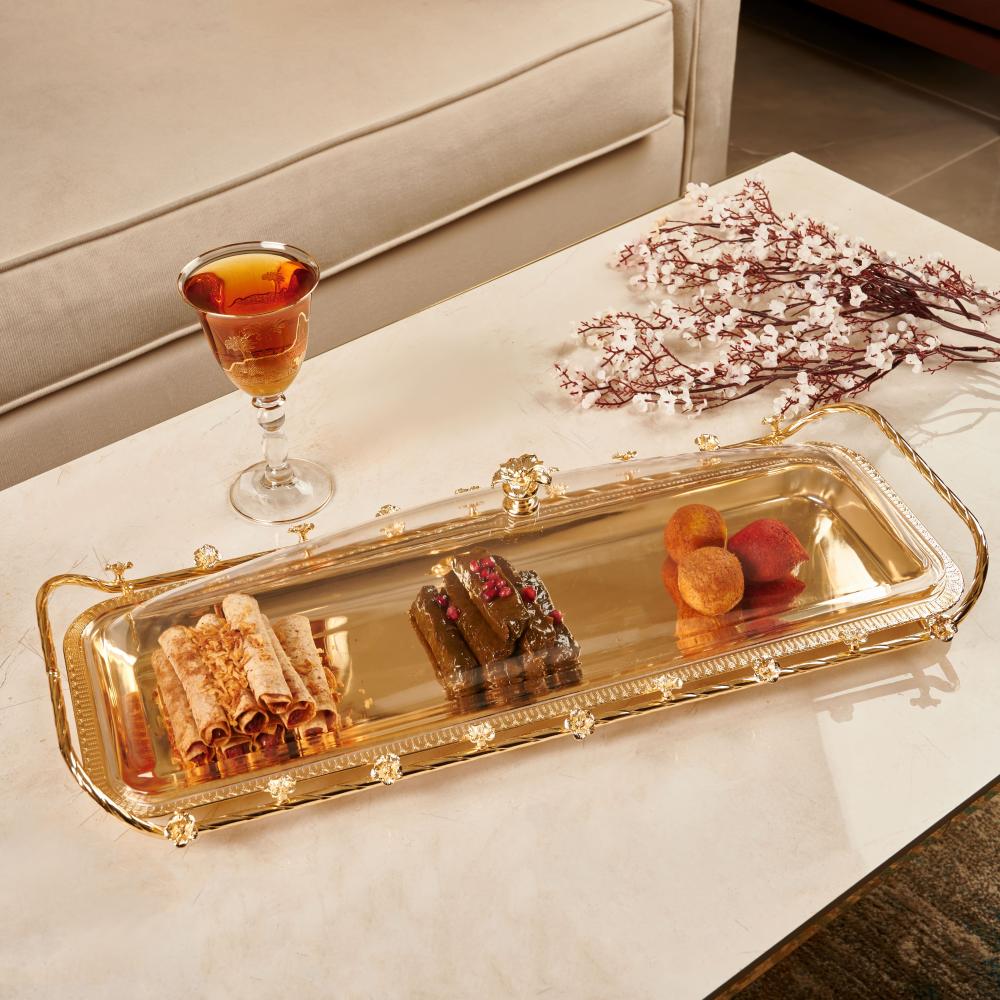 صحن تقديم بلانكا بغطاء أكريليك، اللون ذهبي، الشكل مستطيل