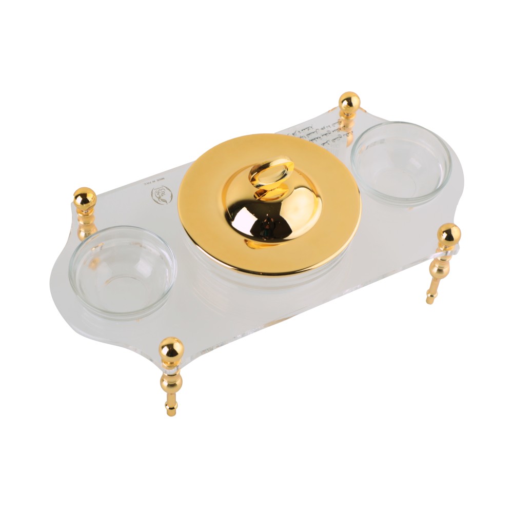 طقم الضيافة فردي لون ذهبي شفاف وأبيض من سوليتير , عدد القطع 4 ( 3أوعية زجاجية و أغطية ) , الابعاد 12*27*8 سم