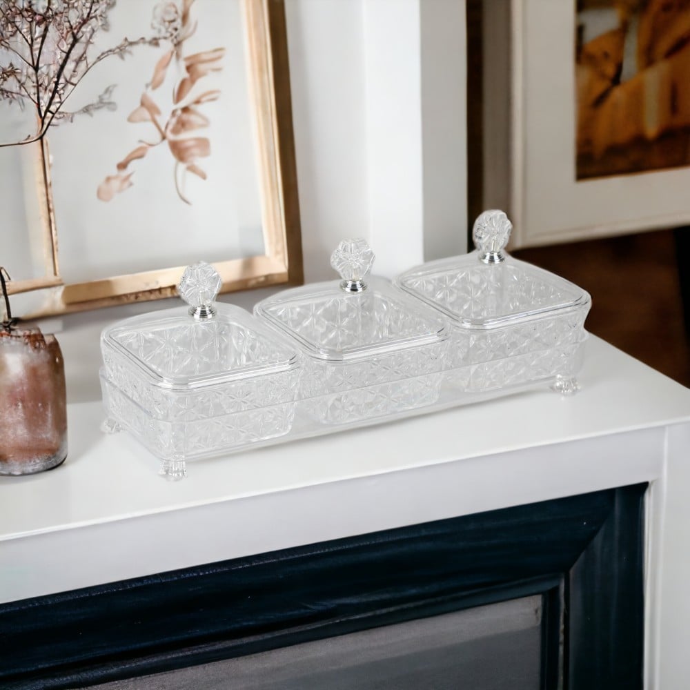 مجموعة تقديم للمكسرات و الحلويات أكريليك من سوليتير ,الشكل مربع , مكون من 3 قطع و حامل, الطول 17سم العرض 27سم