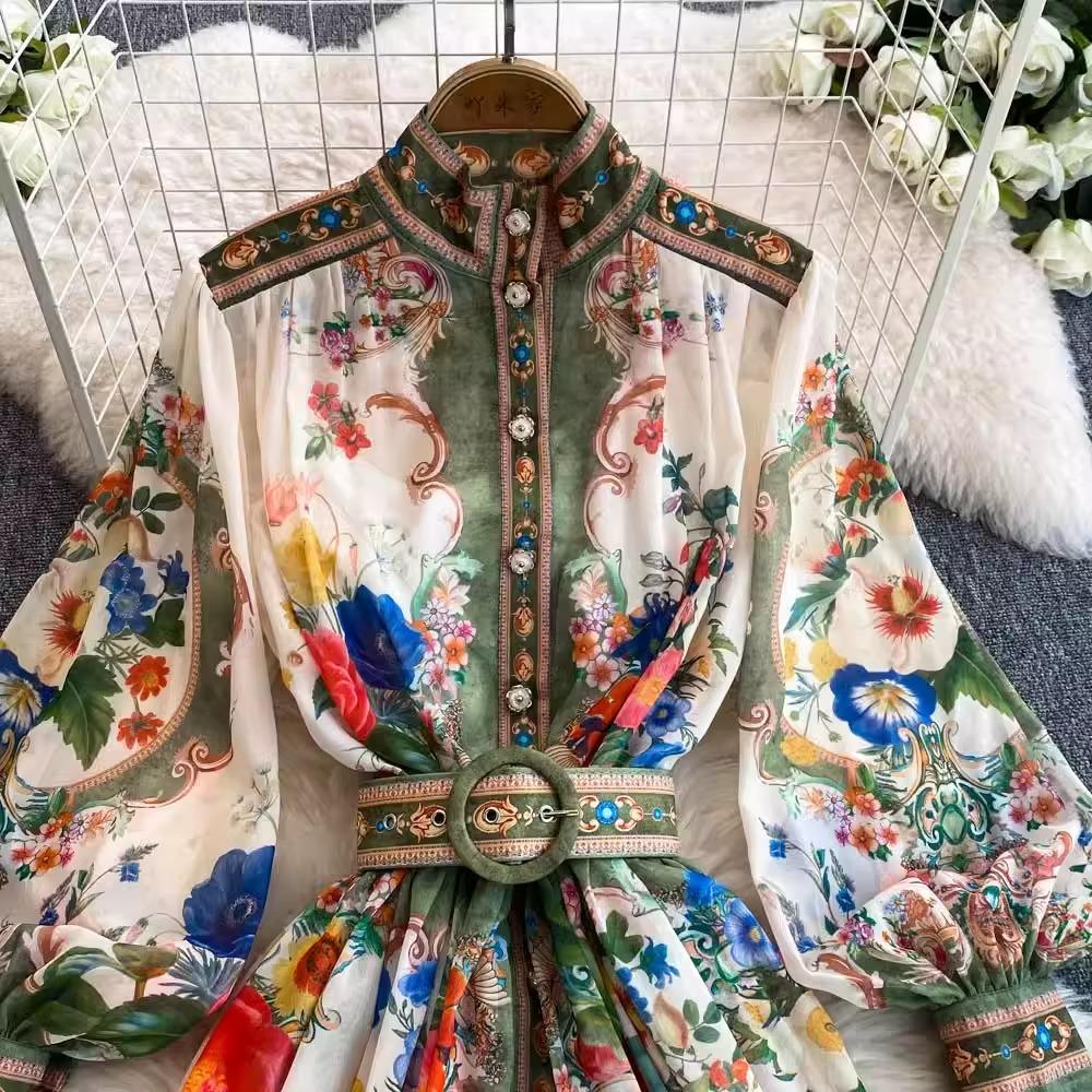 فساتين حفلات بوهو جديدة لربيع وصيف 2021 مطبوعة بياقة واقفة وصدر واحد وأكمام طويلة وحزام مصمم