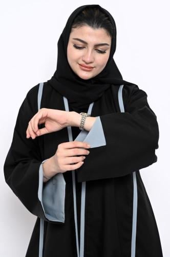 عباية كلوش كتان - أسود مع سماوي