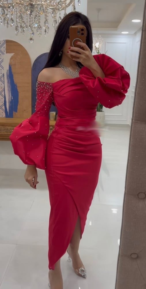 فستان شانتون اناقه الاكمام المنفوشه مرصع بالخرز الاصلي