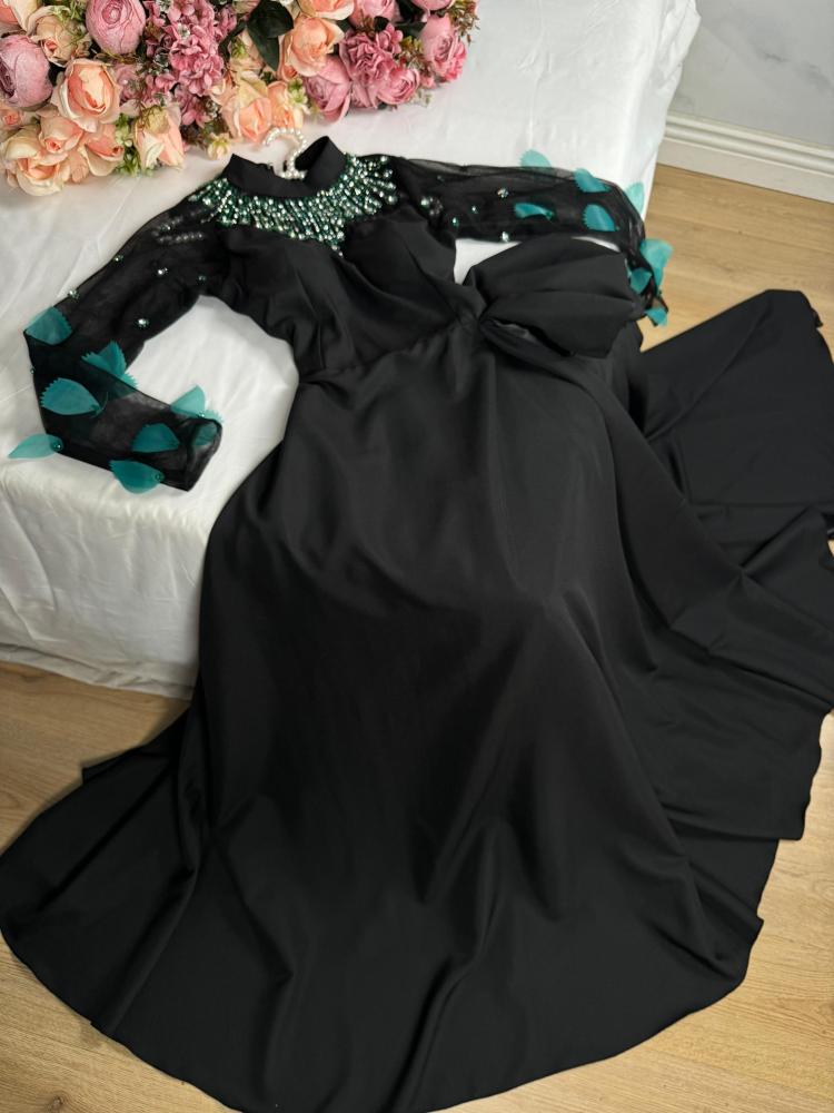 فستان سهرة خامة تفته سترتش اكمام تل +ريش تطريز فاخر