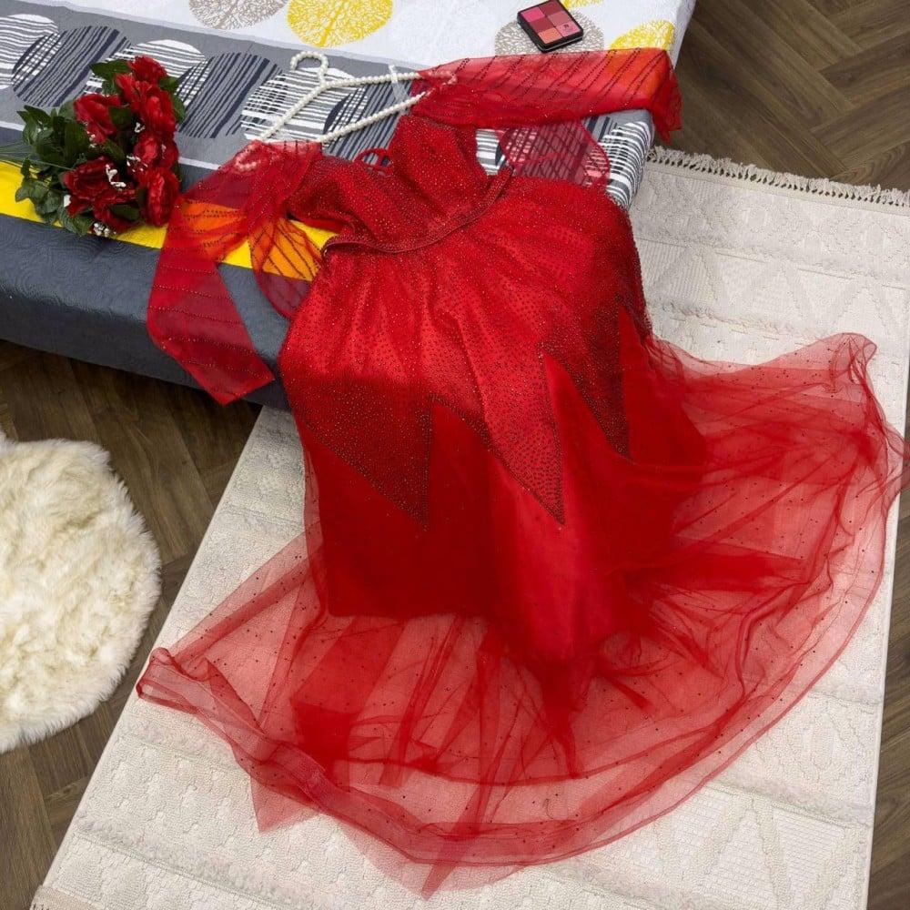 فستان سهرة جميل خامة تفته واورجنزا اكمام تل مطرز كمبيوتر