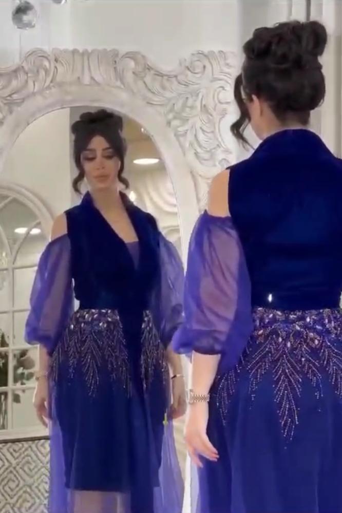 فستان سهرة  خامة جوخ كوري اصلي مع تل مطرز