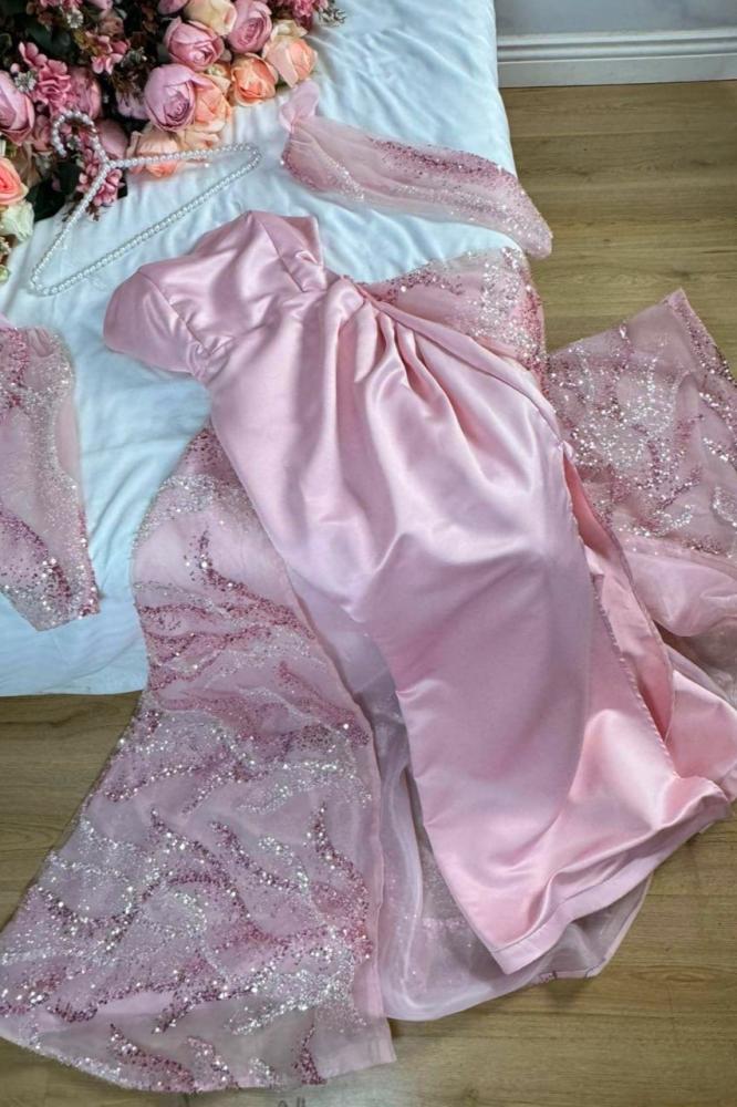 فستان فخم خامة تفتة دبل كلوش  الذيل كلفه جاهزة جازار